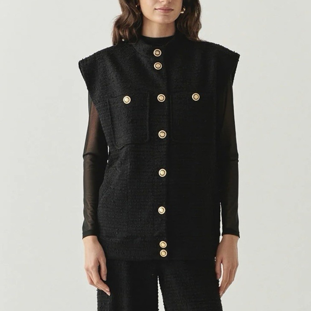 NWT Exquise Anthropologie Goldie High Neck Tweed Vest In Black Sz 8